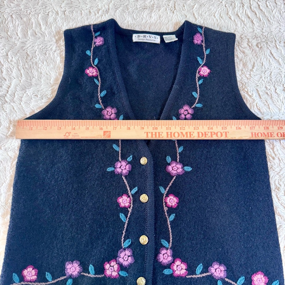 Vintage 90s D.R.V.S.  Wool Embroidered Vest Black Purple Floral Gold Buttons - Picture 2 of 6